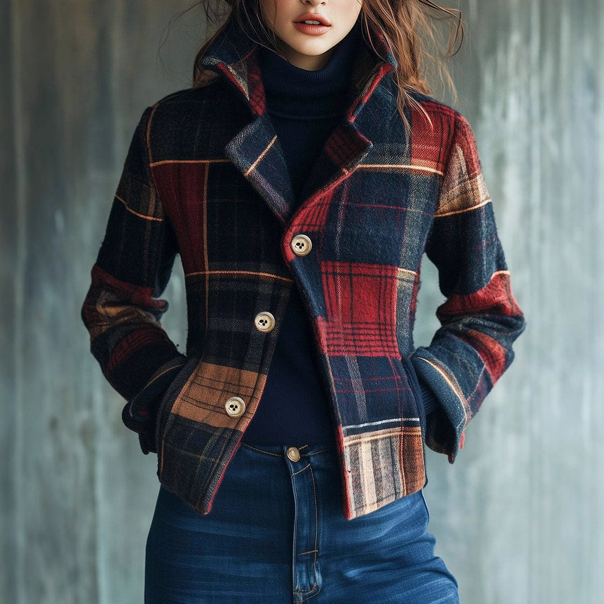 2025 European And American Women's Fashion Independent Station Plaid Retro Warm Autumn Winter Stand Collar Patchwork_ecoleips.com