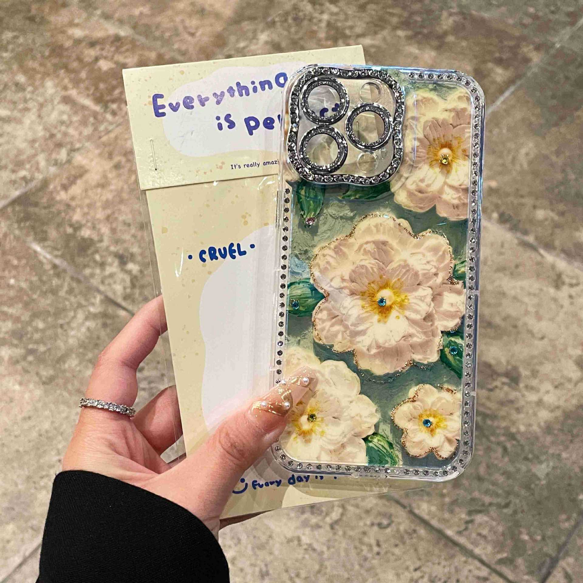 Pintura al óleo retro Flor de brillo 16ProMax Diamante 14 Funda para teléfono móvil Apple 15 Nuevo estilo 13 Blu-ray 16 Mujer