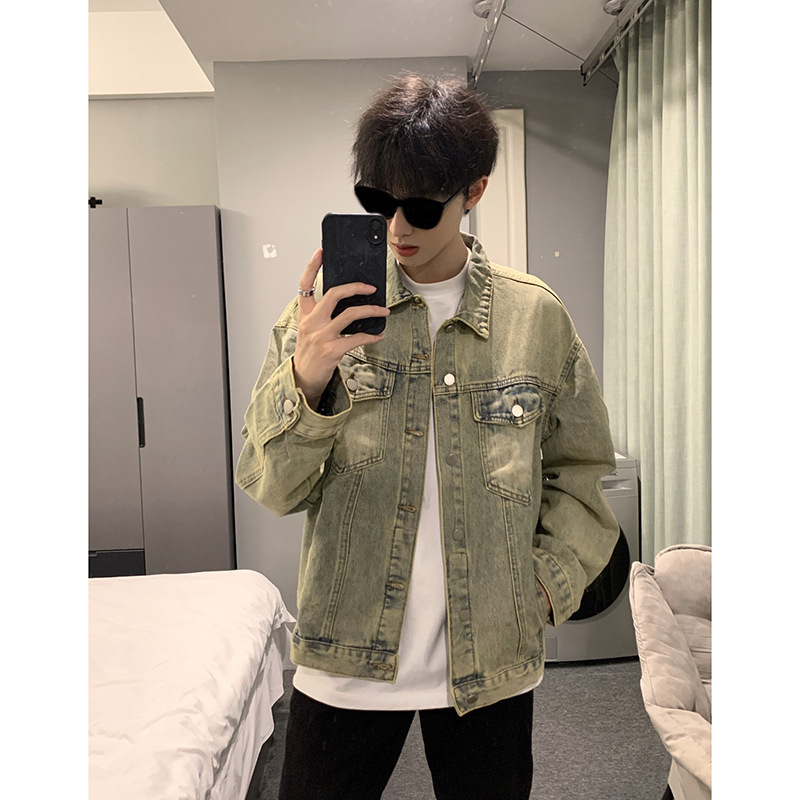 Yellow Mud Denim Jacket Men's Autumn American Style Retro Washed Denim Jacket vintage Laps Overalls Jacket Yellow Mud Denim Jacket Men's Autumn American Style Retro Washed Denim Jacket vintage Laps Overalls Jacket