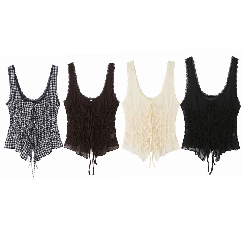 Pb&Za Export Women's Clothing, Girly Style, Sweet Lace Round Neck, Small Plaid Pleated Vest Top 4745038