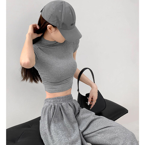 Summer new hot girl sports top yoga short-sleeved half-high collar pleated T-shirt pure desire fitness clothing daily exercise