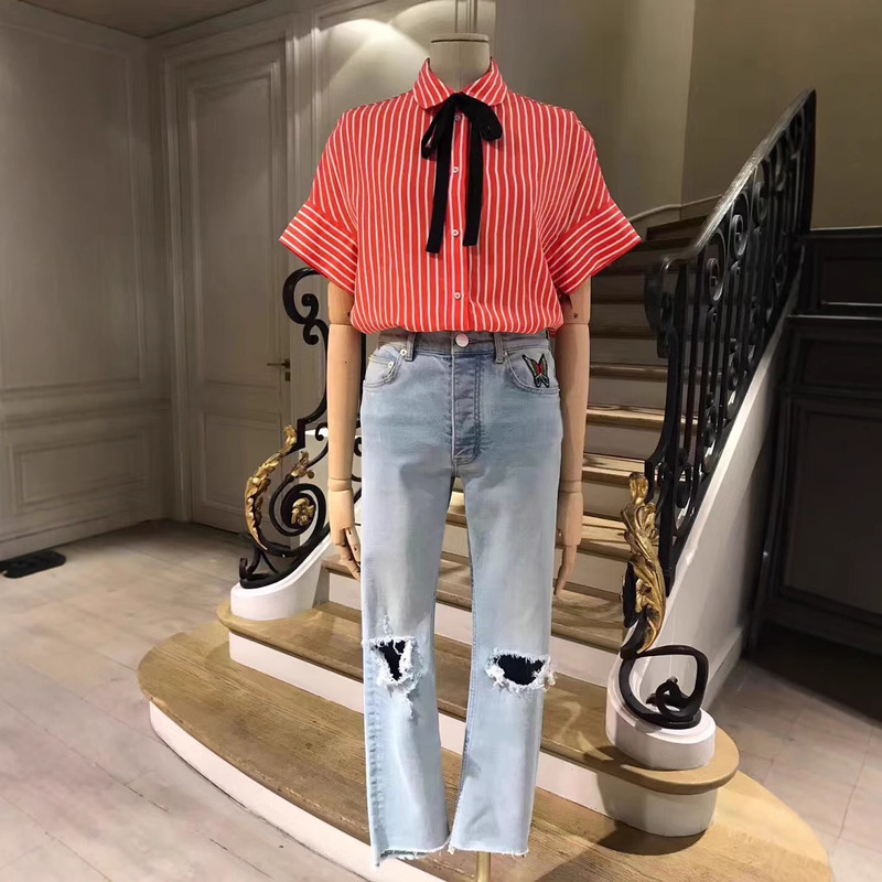 Zhuoya Dancer 18 Spring and Summer New College Style Lace-up Striped Shirt CALISIA 85123 Clear