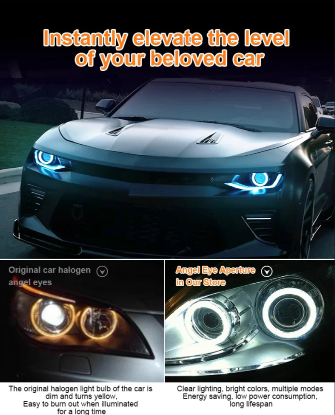 General Motors modified LED angel eye halo rings with APP mobile control, colorful daytime running lights, and headlight rings