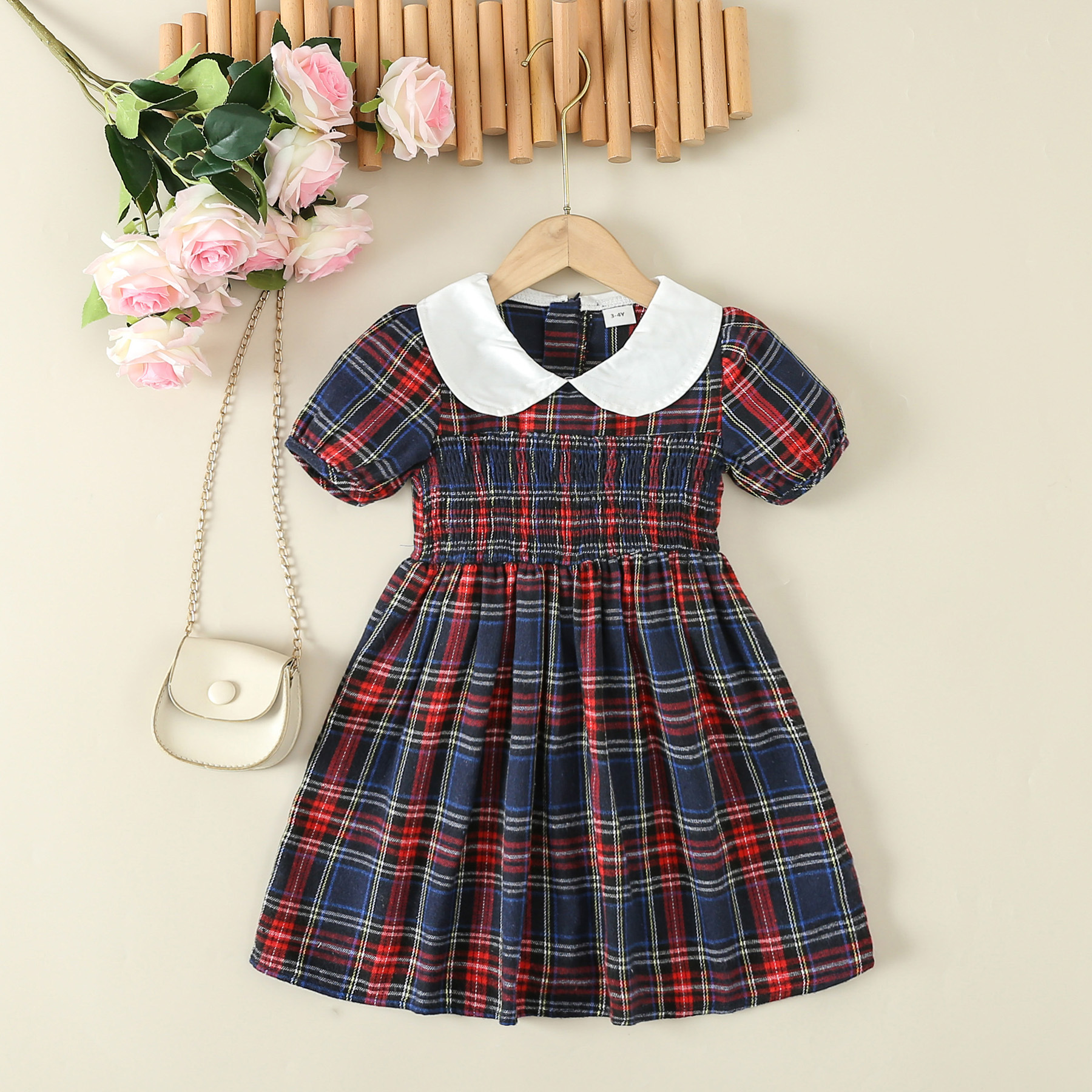 One-piece delivery 2024 Summer new girls' short sleeve dress girls' Plaid doll collar dress