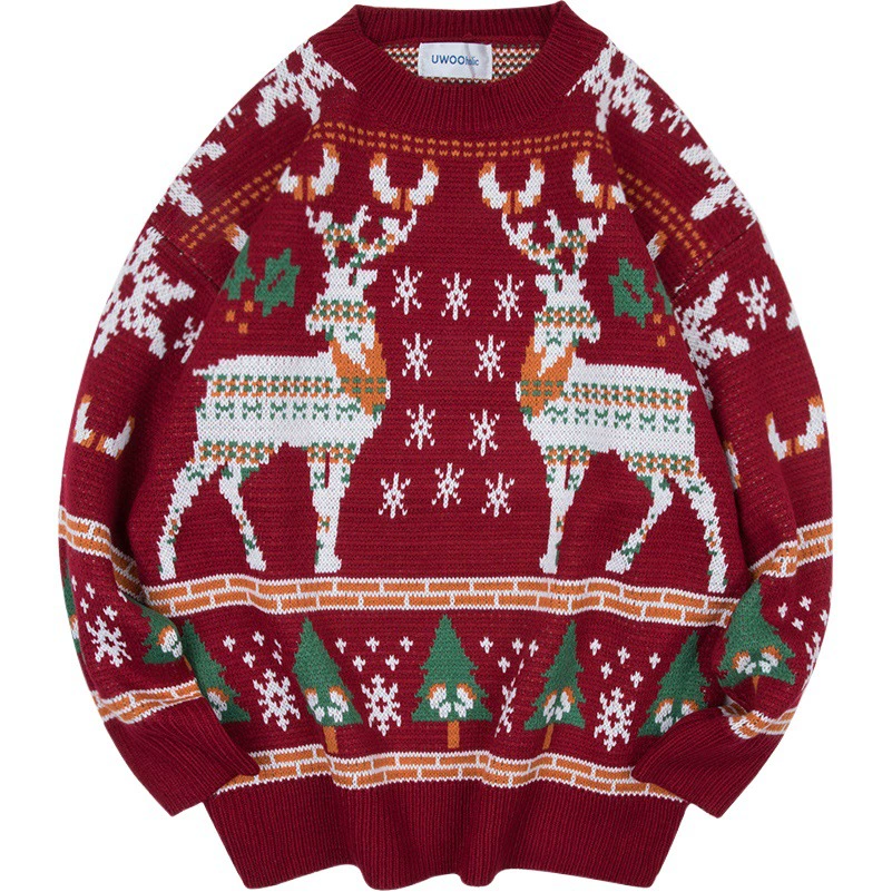 Новогодний подарок для подруги пары свитер зимний свободный двойной олень с круглым вырезом на елку свитер мужской трансграничный поставка