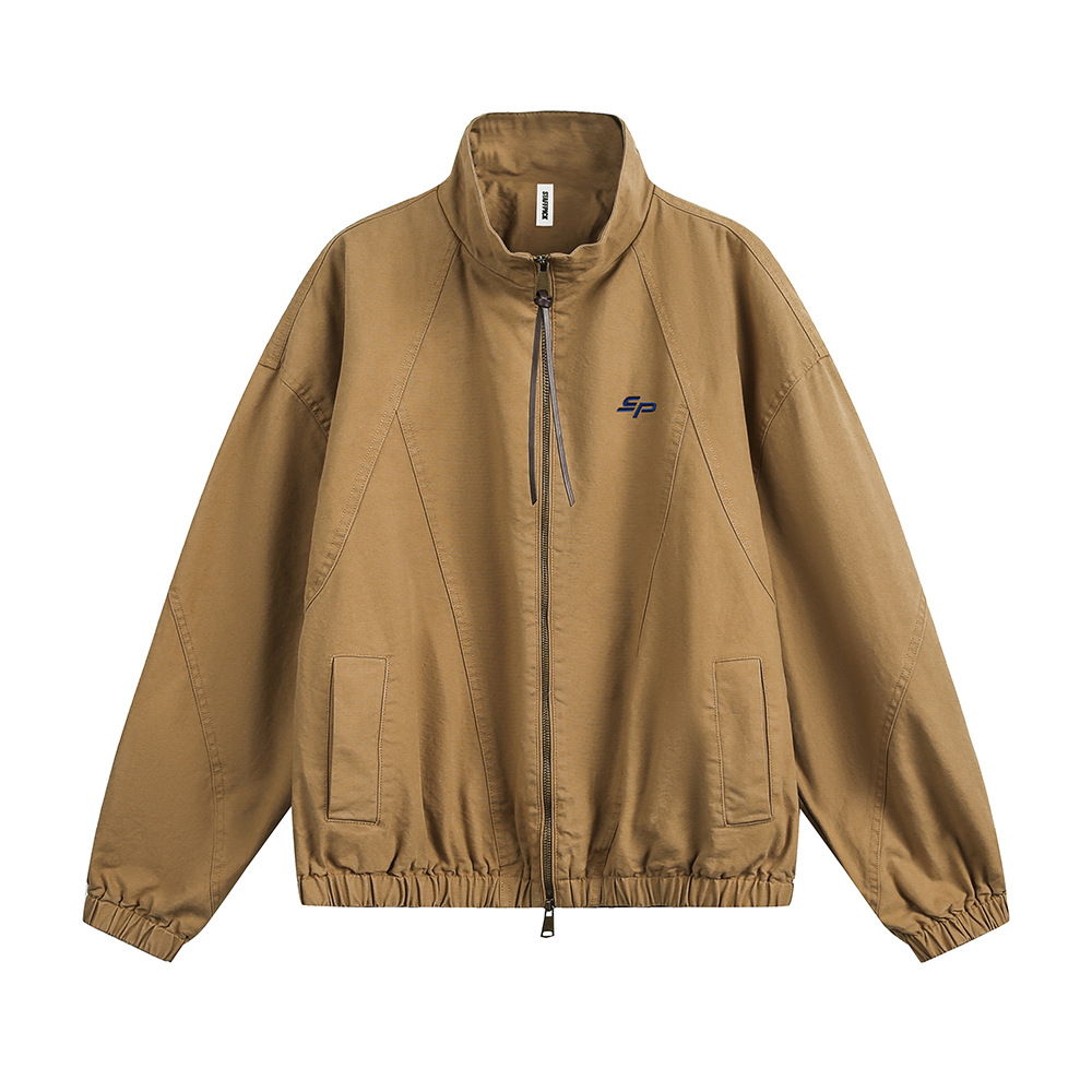 Loose Stand Collar Canvas Workwear Jacket American Style Trendy Brand Design Deconstructed Patchwork Solid Color Double_voghion.com