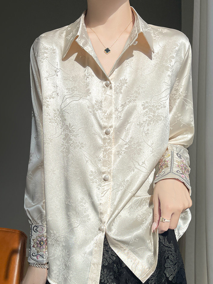Áo sơ mi nữ dài tay cổ sơ mi thêu hoa văn jacquard chất satin cao cấp — Màu be, Màu hồng, Màu đen