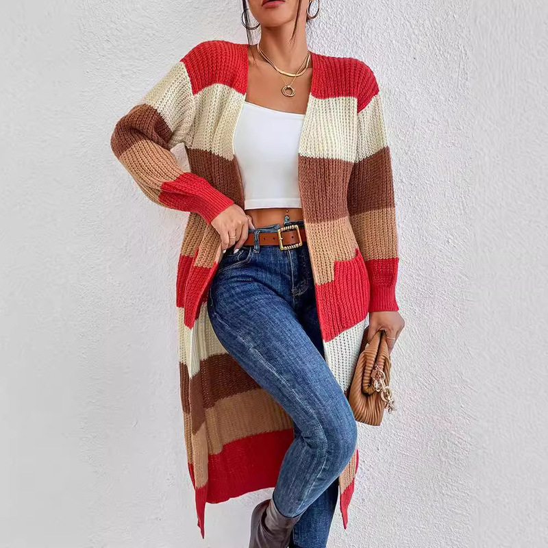 New European and American Size Knitted Robe Cross-Border Woolen Cardigan Jacket Striped Contrasting Thick Knitted Sweater Cardigan Jacket*