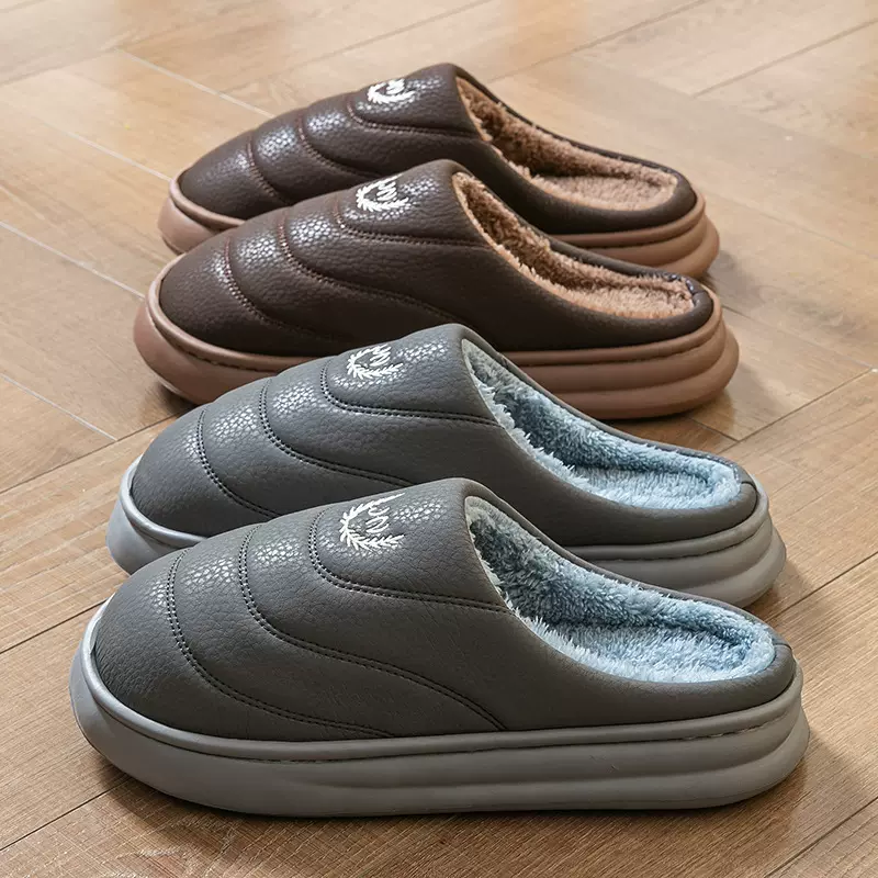 特大码棉拖鞋男家居秋冬防水踩屎感棉鞋保暖加绒毛拖鞋仿PU皮棉拖