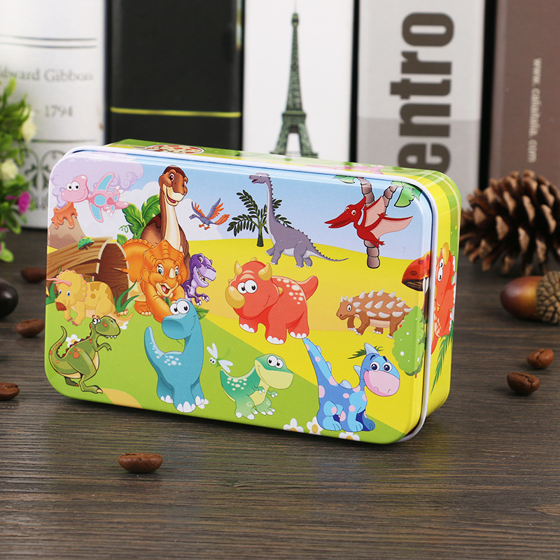 Nuevo estilo 60 piezas 200 piezas dibujos animados para niños dibujos animados madera caja de hierro rompecabezas bebé escuela primaria juguetes educativos al por mayor