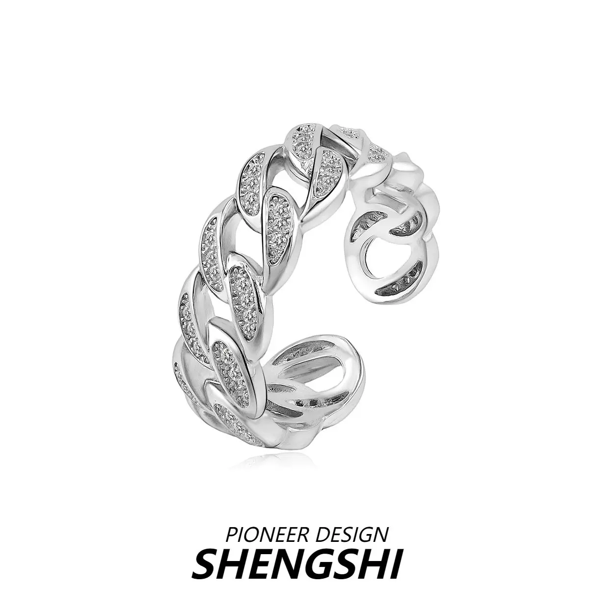 爆款欧美ins风古巴锁链戒指镶锆石真金电镀嘻哈男女指环饰品Bilng