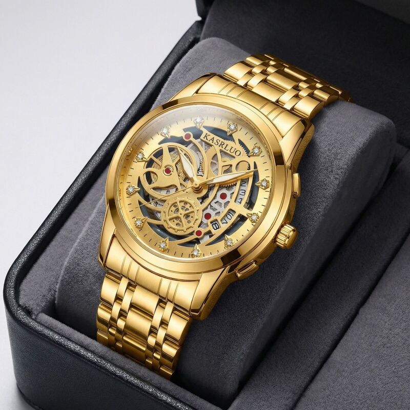 Kasrluo Luxury Hollow-Out Men's Watch, Waterproof, Luminous, Fashionable Casual Quartz Watch, Live Broadcast Foreign Trade Hot Item