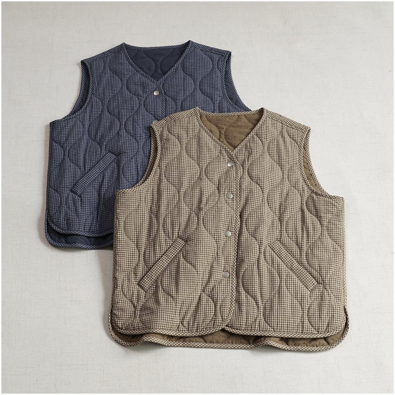 Quilted Cotton Autumn and Winter Versatile V-Neck Loose Vest Japanese Retro Warm Single-Breasted Sleeveless Top Vest for Women