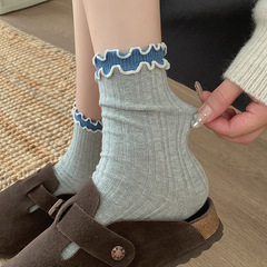 秋撞色木耳邊ins風日系復古甜美可愛拼色雙層羅口花邊中筒卷邊襪