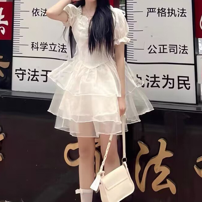 Korean Princess Slim Puff Sleeve Slim-fit New Arrival Bow dress Women's Summer Escape Mesh Dress Fashion in