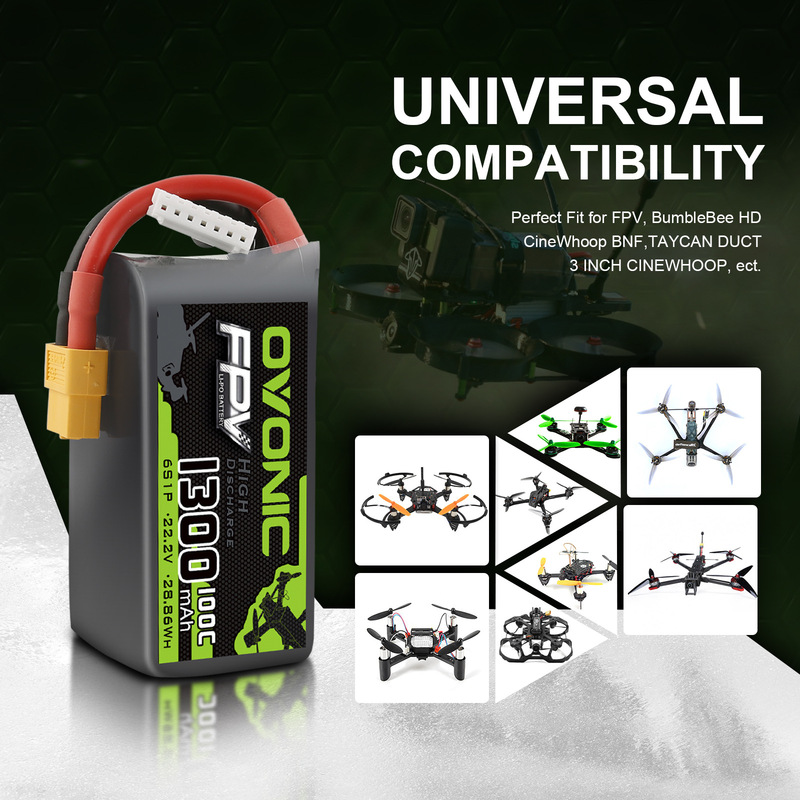 Ovonic European Brand 1300 2200Mah 100C 6S 22.2V Travel Machine Fpv Drone Battery