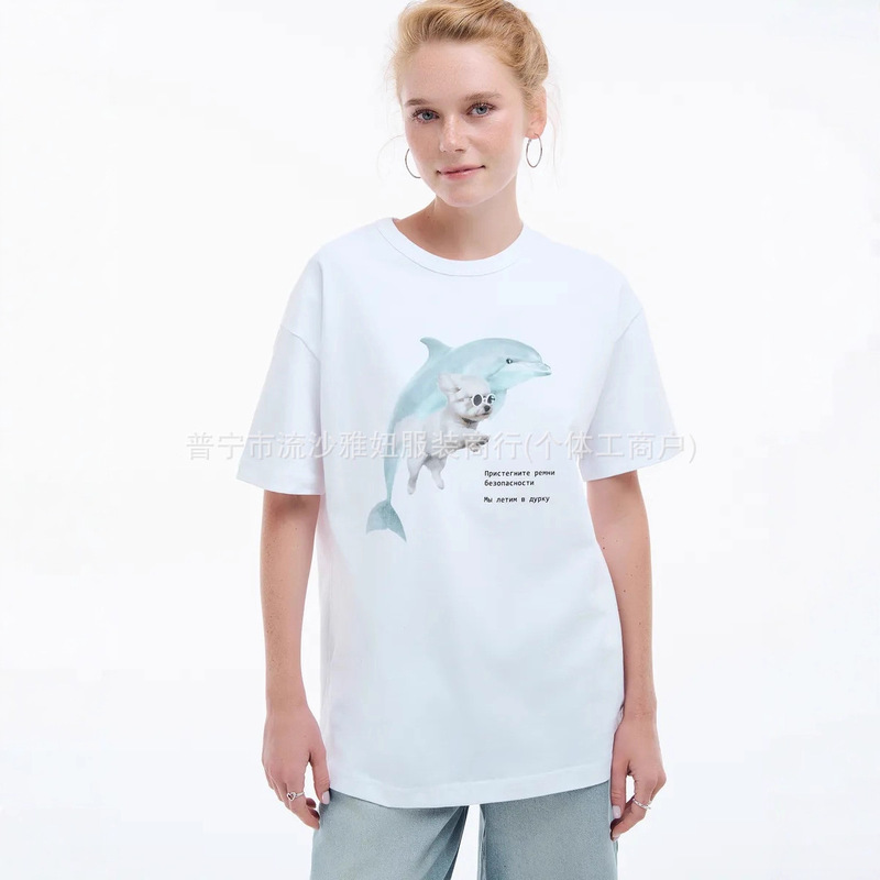 Summer Fashion Personality Casual European and American Style Sweet Cute Printed Versatile Body-Covering Pure Cotton Short-Sleeve T-Shirt Top for Women