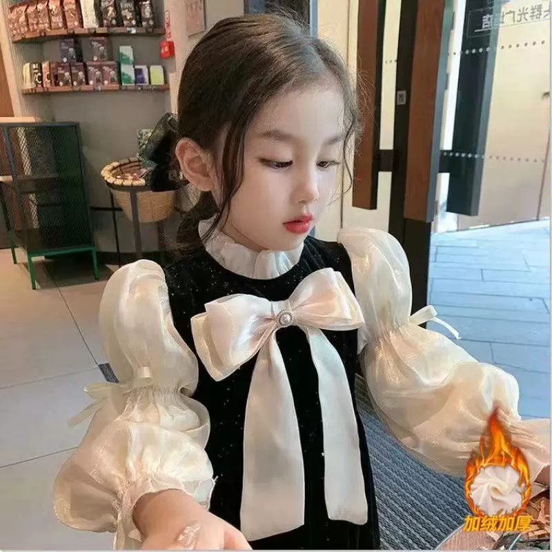 女童加绒长袖高端连衣裙2025洋气赫本小香风蝴蝶结泡泡袖礼服裙子