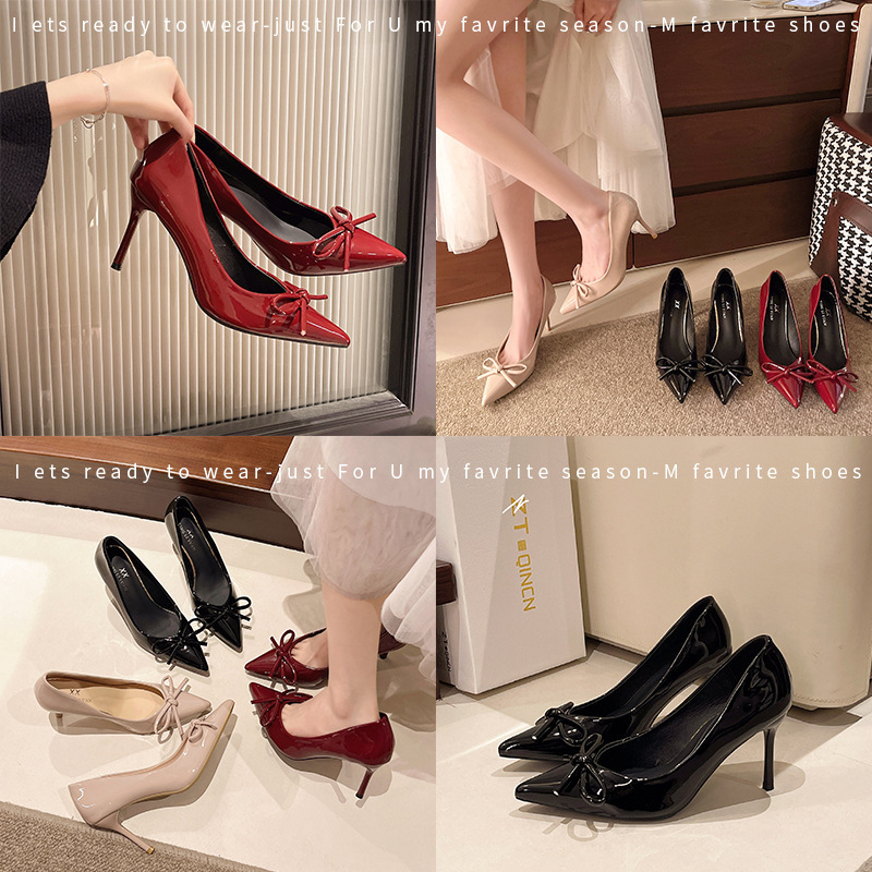 Bow High Heels, Stiletto Heels, Pointed Toes, Shallow Mouth 2025 Spring and Summer New Patent Leather Shoes for Women, Widened Large Size High Heels