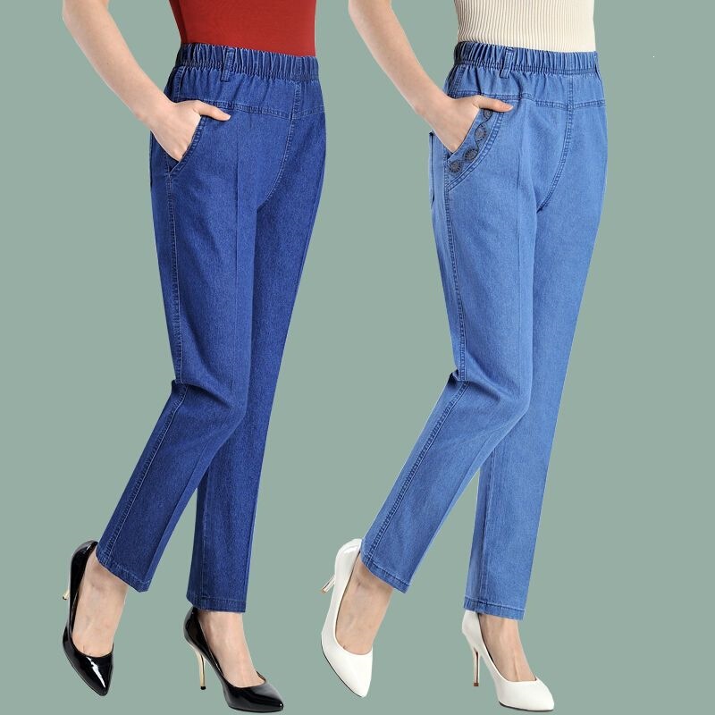 Loose Fit Plus-Size Thin Cropped Pants for Middle-Aged and Elderly Women, High-Waisted Straight-Leg Elastic Waist Denim 9/10 Pants Loose Fit Plus-Size Thin Cropped Pants for Middle-Aged and Elderly Women, High-Waisted Straight-Leg Elastic Waist Denim 9/10 Pants