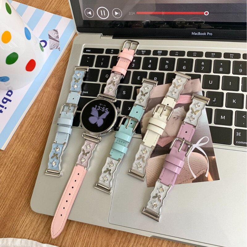 Suitable for Apple Samsung Xiaomi Butterfly Resin Leather Watch Strap Fit5 Huawei Gt6 Watch Gt5Pro Female Gt4