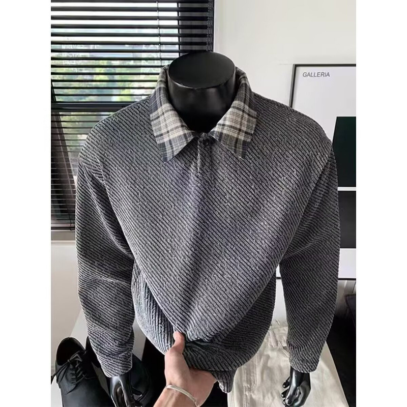Retro Fake Two-Piece Plaid Stitching Henry Collar Pullover Sweater Men's Knitted Top
