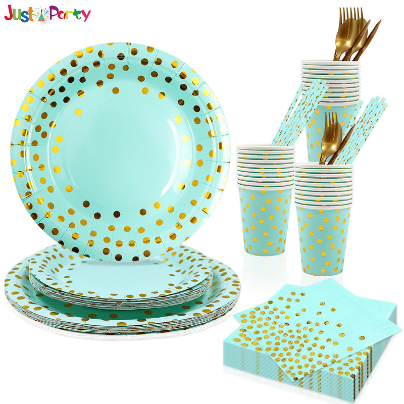 In stock bronzing light green birthday party theme paper plate knife fork spoon paper cup tissue children adult party tableware