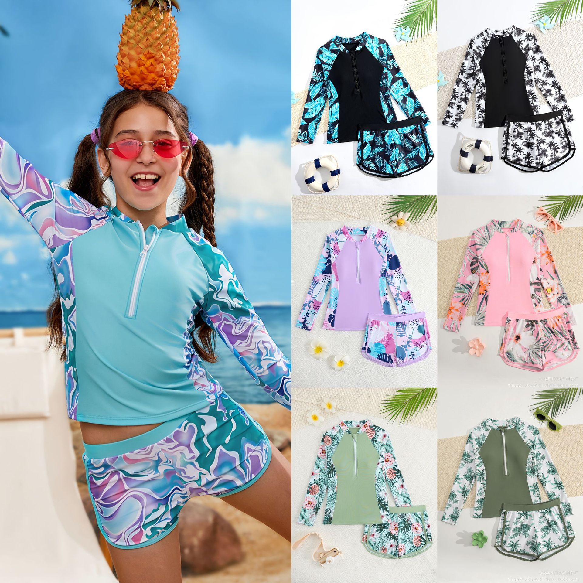 25 Amazon Children's Swimwear Two-Piece Long-Sleeve Set with Swim Cap Diving Suit Children's Swimsuit for Girls