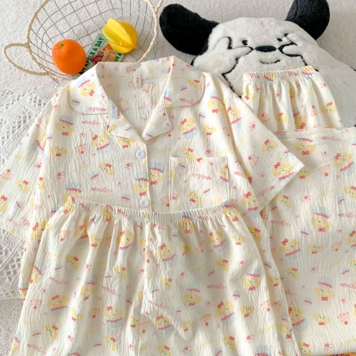 Volumen de carrera transfronterizo verano nuevo pijama amor de las mujeres pantalones cortos largos de manga corta traje de tres piezas de algodón nube ropa de hogar se puede usar afuera