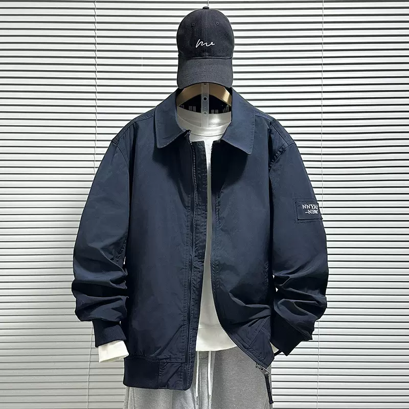 防风衣飞行服夹克男生春秋新款休闲百搭潮牌翻领纯色双层工装外套
