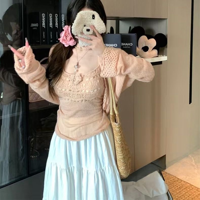 镂空设计感短款针织开衫显瘦挂脖吊带背心女2025早秋新款时尚套装|undefined