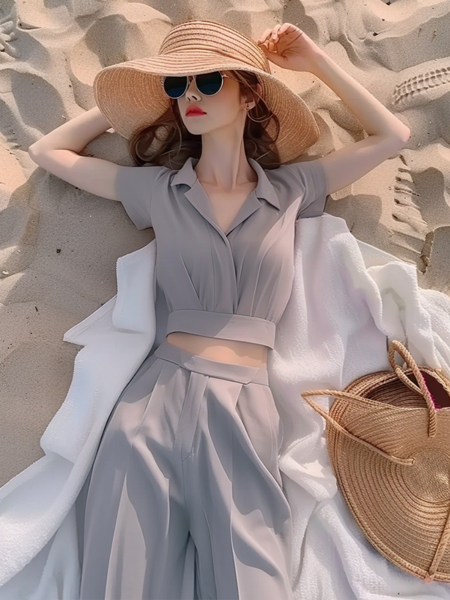 Bộ áo sơ mi nữ tay dài màu xám phối quần ống rộng thanh lịch — màu xám, đỉnh đơn chi tiết 4
