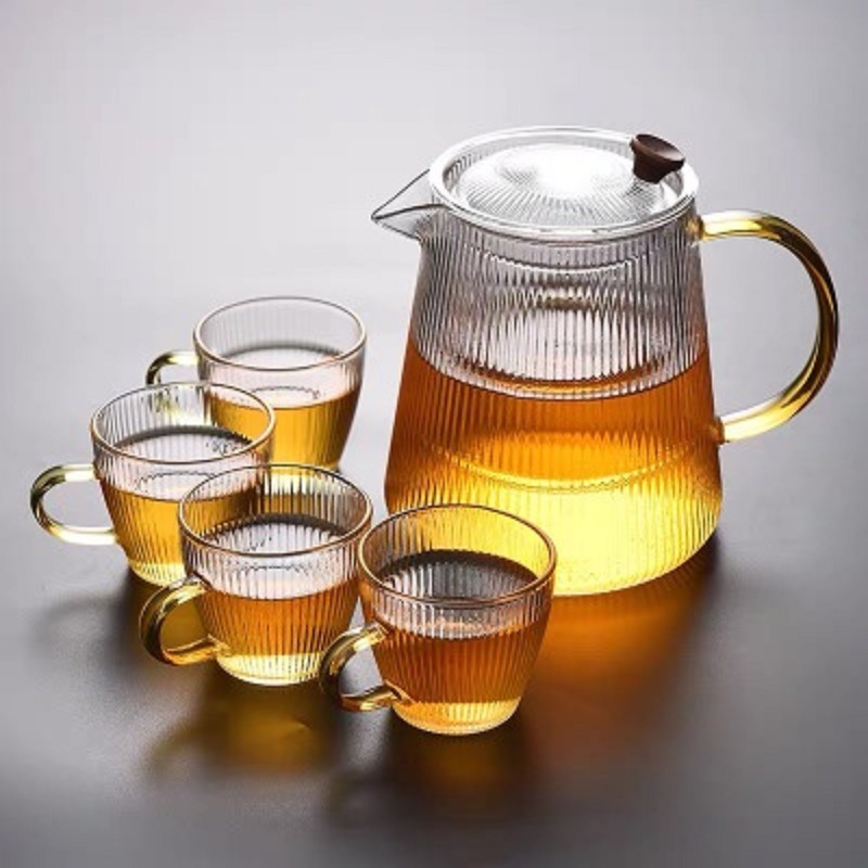 Tetera de vidrio climatizada engrosada patrón vertical tetera de filtro hogar Kung Fu fruta flor tetera juego de té traje