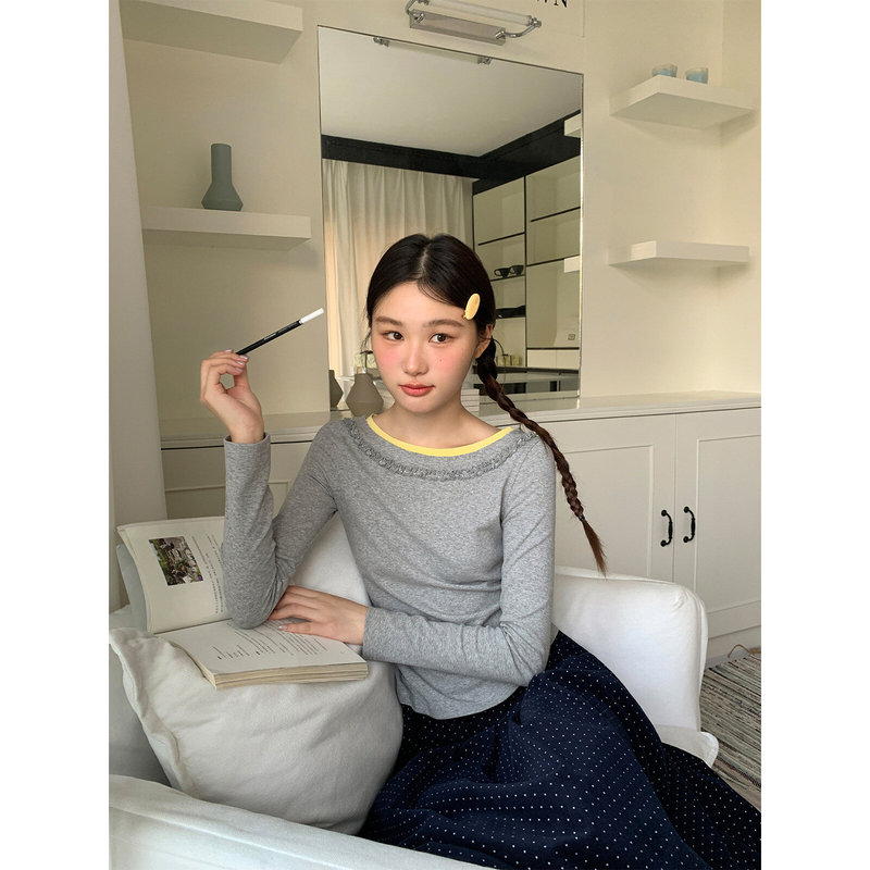 Contrast color collar lace splicing slim-fit base shirt for women, new spring Korean style long-sleeve T-shirt top Contrast color collar lace splicing slim-fit base shirt for women, new spring Korean style long-sleeve T-shirt top