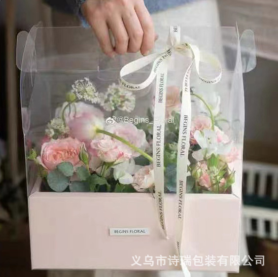 Caja cuadrada transparente para empacar flores, material de envoltura para flores, caja de flores portátil al por mayor