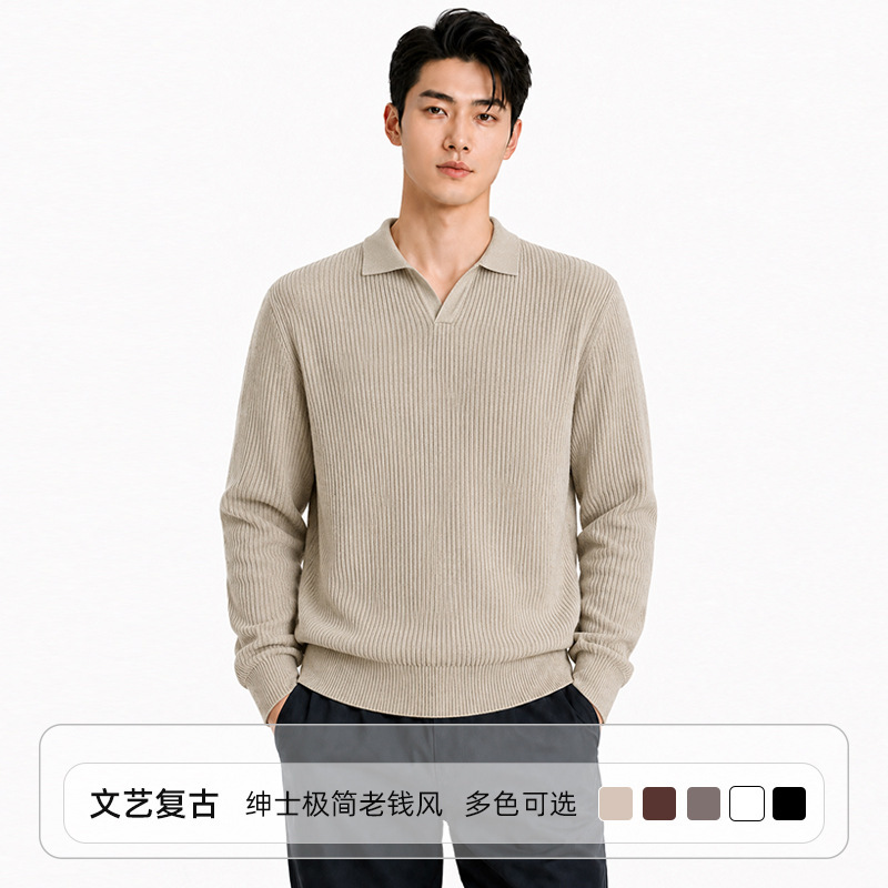 Old Money style men's polo knit sweater, casual and sophisticated, with a seagull collar and long sleeves, suitable for spring and autumn Old Money style men's polo knit sweater, casual and sophisticated, with a seagull collar and long sleeves, suitable for spring and autumn