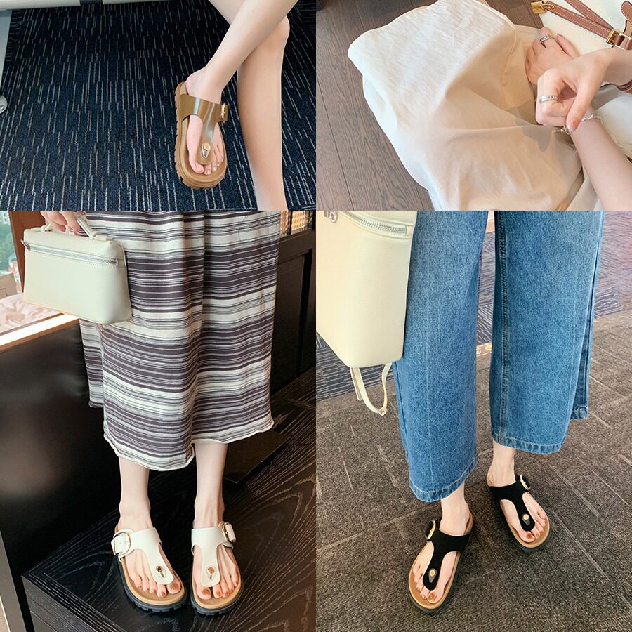 Dép sandal nữ quai ngang kẹp ngón dây bản rộng điều chỉnh khóa vuông đế bằng — Màu Kaki mặt nhung, Màu trắng sữa vân vải, Màu đen mặt nhung