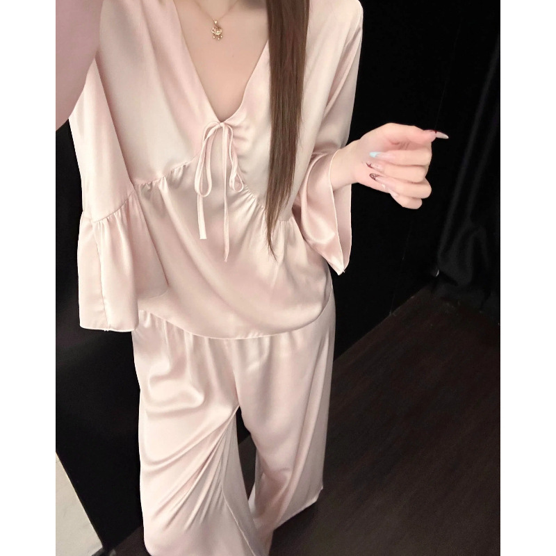 冰雪丝睡衣女春秋季韩系公主风薄款长袖长裤休闲可外穿家居服套装
