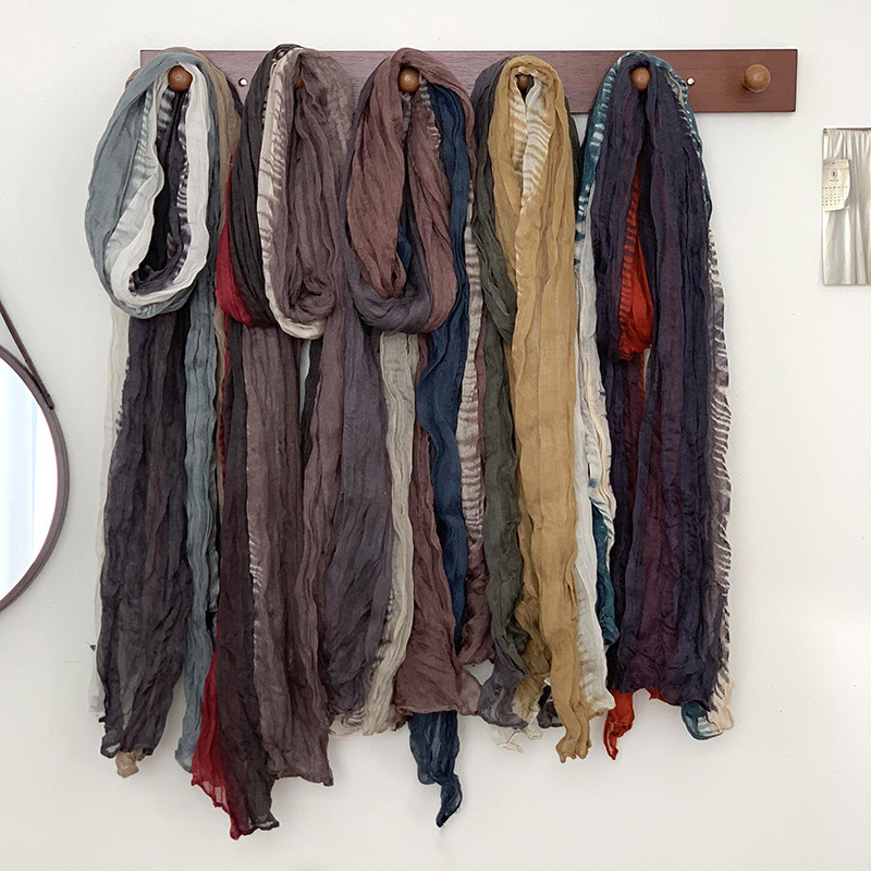 Shawl autumn outside fashion Joker warm vintage scarf tie-dyed cotton and linen color matching pleated scarf scarf wholesale
