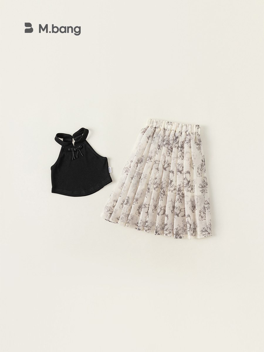 Yubao ropa infantil de niñas impresión de tinta de estilo chino antiguo conjunto de ropa de verano de dos piezas