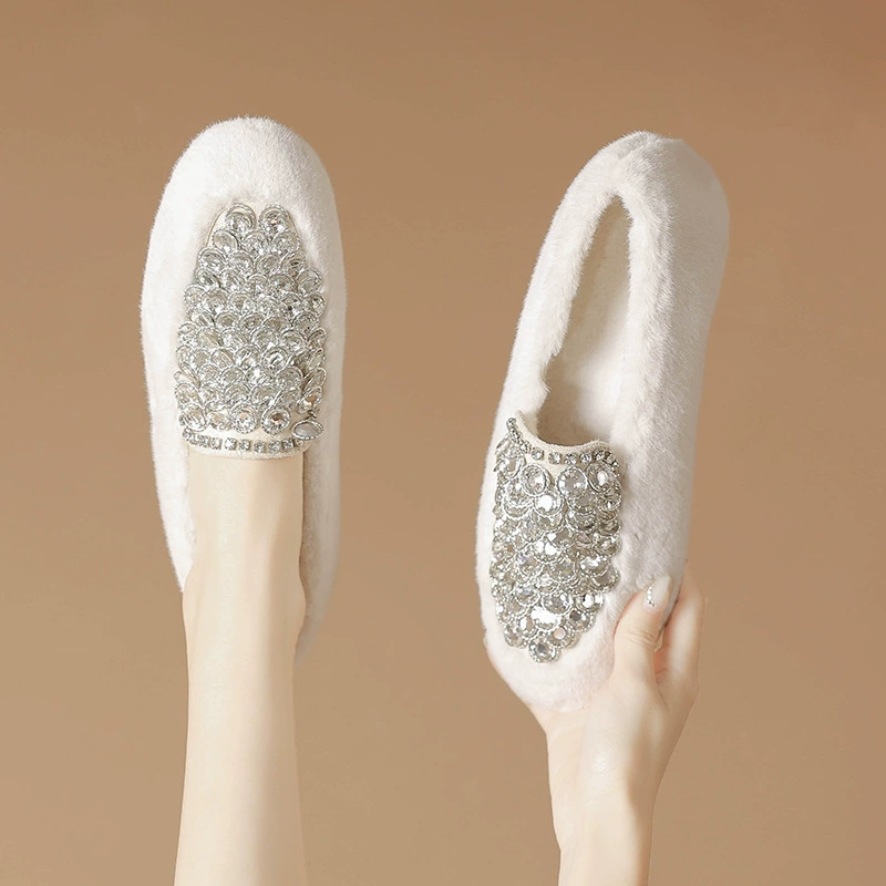 Волосатые туфли со стразами на улице 2025 новая зимняя бобовая обувь плюс бархат