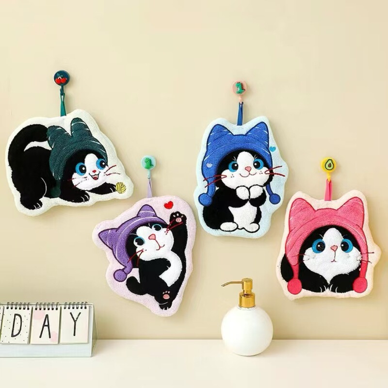 Cross-Border Cute Cat Hand Towel, Absorbent, Quick-Drying, Hanging Type, Thickened, Soft, Suitable for Kitchen and Bathroom, Children's Gift