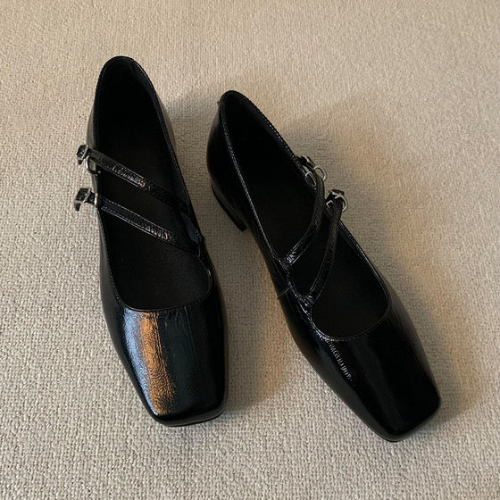 Sheepskin Edition ~ Niche Design Square Head Double Belt Small Leather Shoes Simple Joker Thick Heel Commuter Mary Jane Women's Shoes