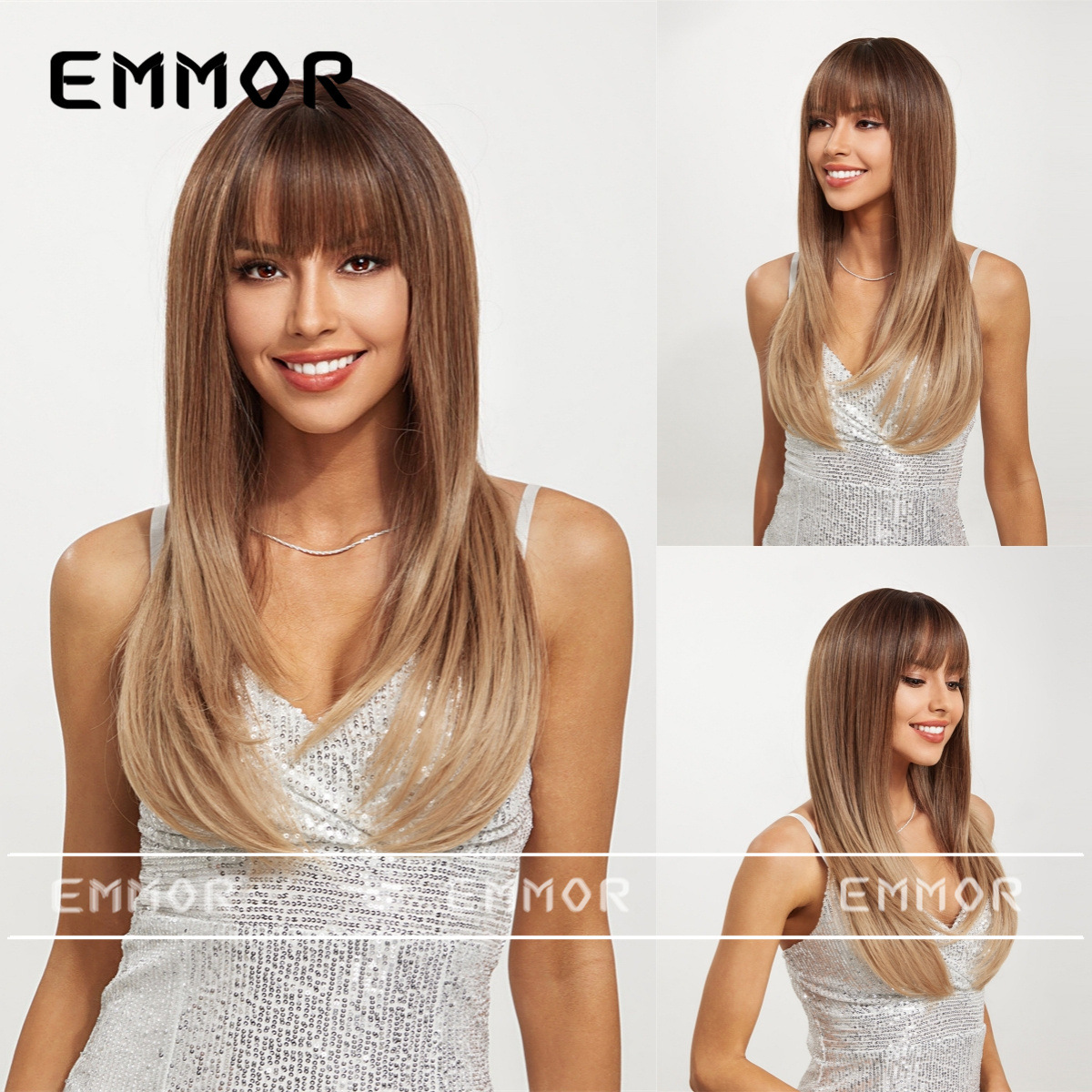 Estilo europeo y americano, flequillo completo, cabello largo y liso, mate de alto nivel, reducción natural de la edad, corte facial, peluca