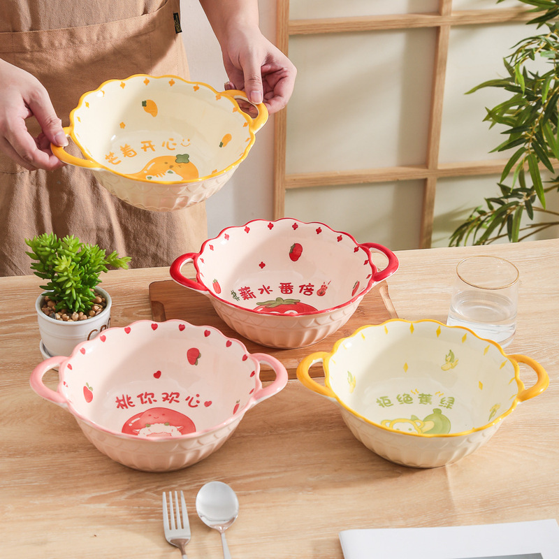 Peach you happy ins high-looking cute double-ear bowl ceramic household bowl large 10-inch soup bowl instant noodle bowl tableware Peach you happy ins high-looking cute double-ear bowl ceramic household bowl large 10-inch soup bowl instant noodle bowl tableware