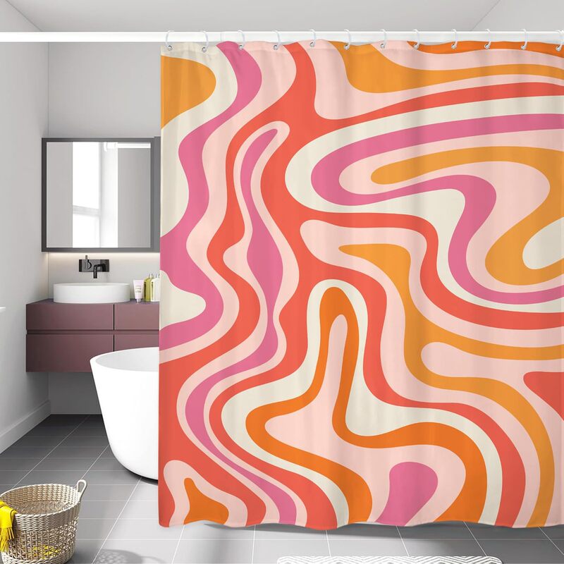 Cross-Border Dropshipping Abstract Pink Shower Curtain Retro Orange Shower Curtain Fashionable Aesthetic Cute Bathroom Partition Curtain with Hooks