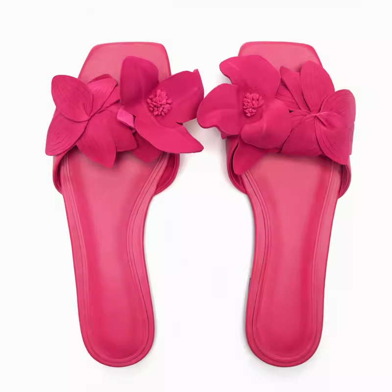2026 Summer New Style Rose Red Rose Petal Open Toe French Slippers Flat Casual Sandals Women's Half Slippers For Outerwear_vogvips.com