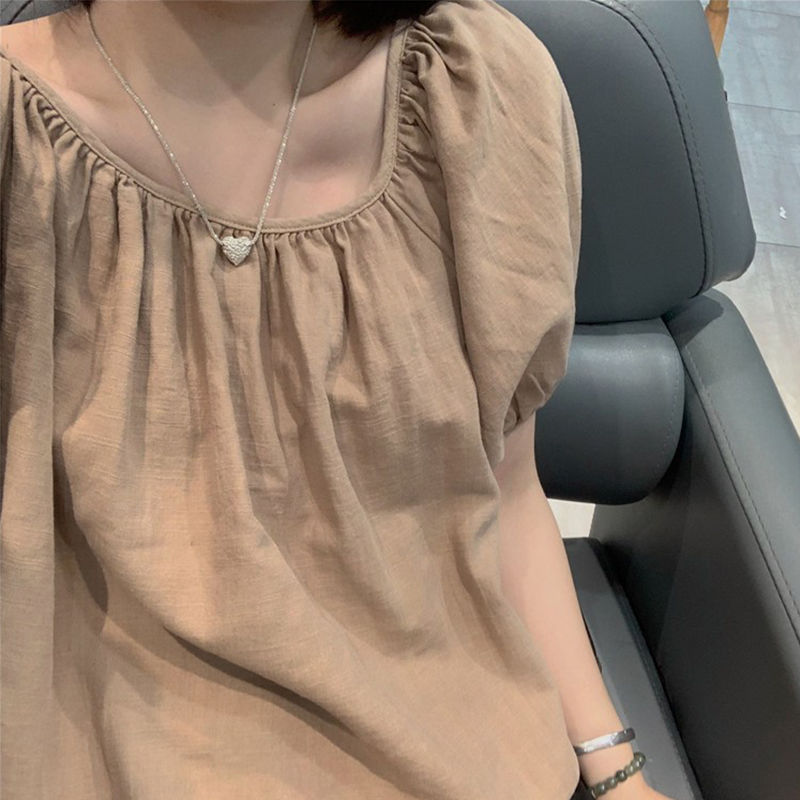 韩系棉麻上衣女装夏季新款圆领泡泡袖宽松显瘦时尚气质T恤一字领