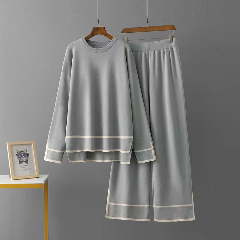 Women's Long Sleeve Knit Top & High-Waisted Wide-Leg Pants Set - Chic Color Block Fall/Winter Outfit For Work & Casual_voghion.com