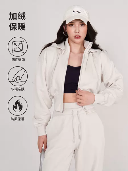 Autumn and Winter New Double Zipper fleece-lined Jacket Women's Grain-shaking Hooded Sweater Stopped Waist Knitted Cardigan Warm Jacket Slimming